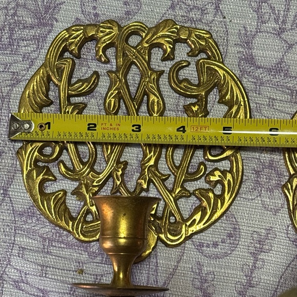 Chinoiserie Candle Sconce Pair two 2 solid brass medallion sconces wall décor - Picture 3 of 9